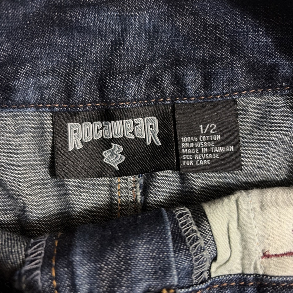Rocawear Denim Mini Skirt Dark Wash Embroidered Logo Y2K Size 1/2 - Picture 2 of 8